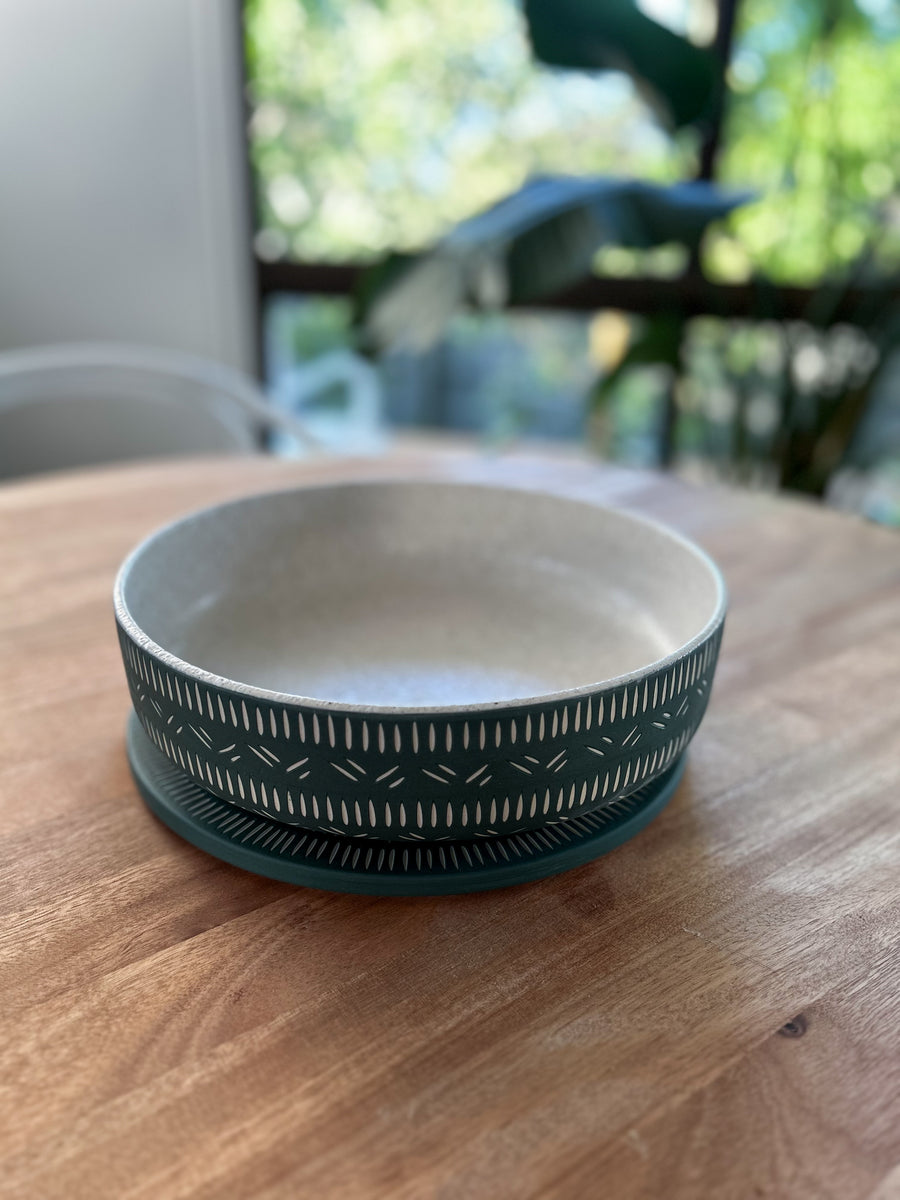 Large Salad Bowl with Lid - Emerald & Stone