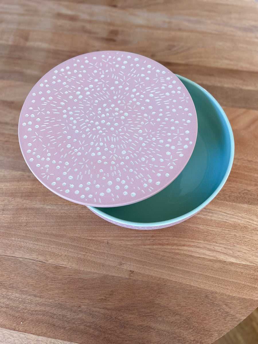 Large Salad Bowl with Lid - Pink & Mint
