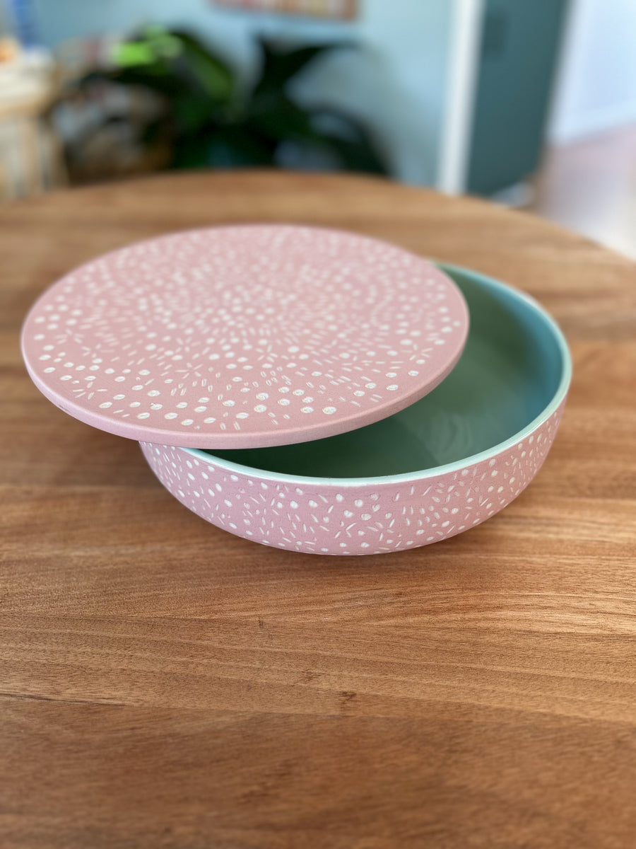 Large Salad Bowl with Lid - Pink & Mint